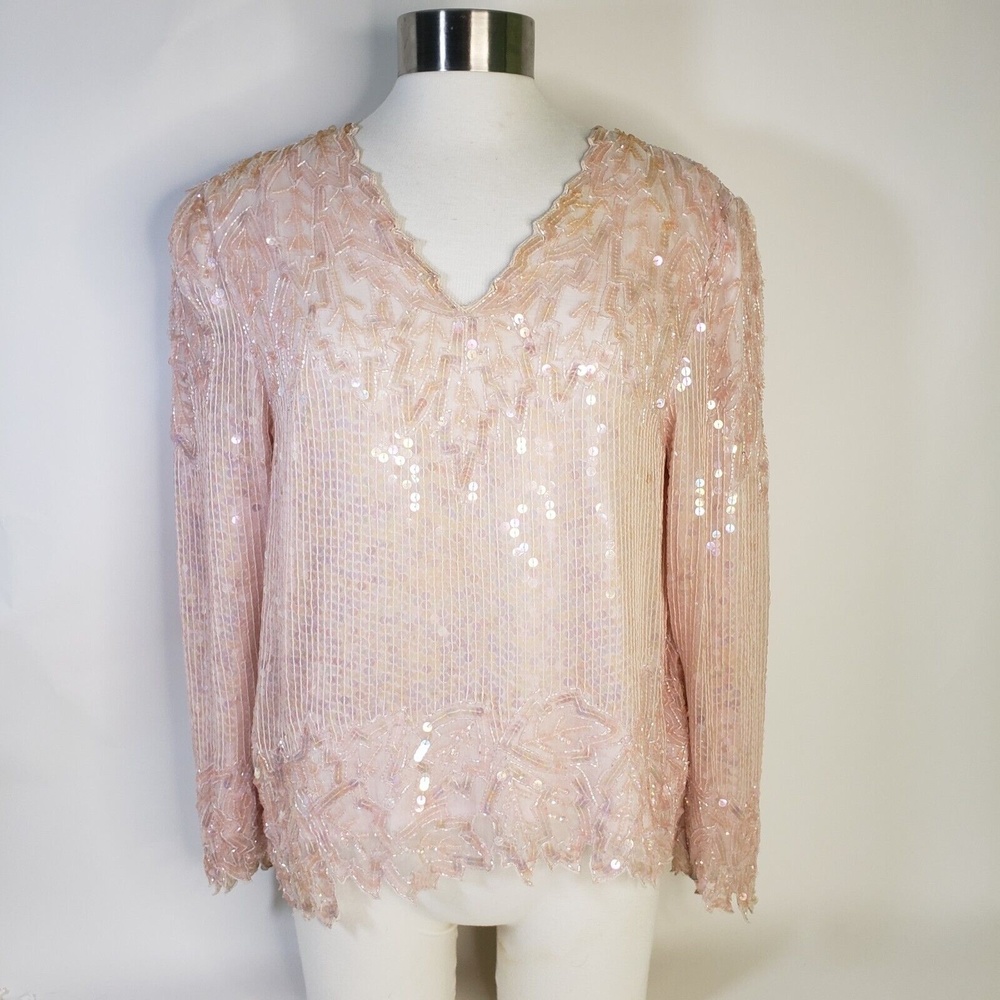 Vintage Scala Silk Sequin Top Blush Pink Long Sleeve Cocktail Party Petite S